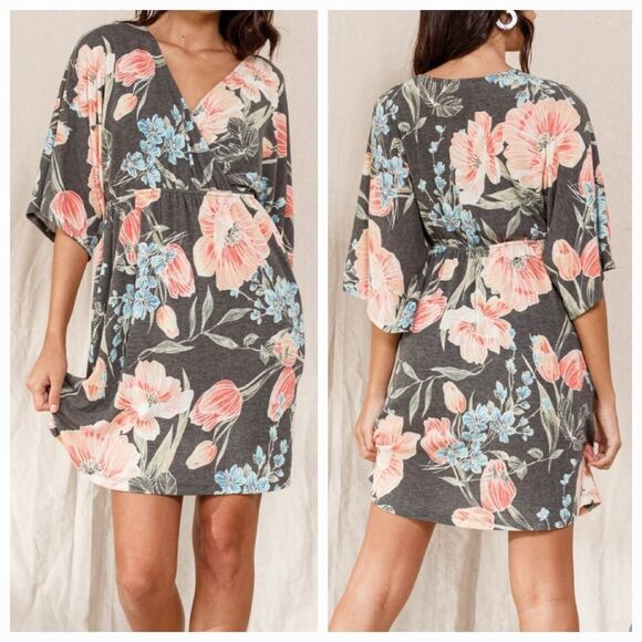 Oddi NWT Gray Floral Jersey Knit Dress Surplice Kimono Sleeve Soft Comfy Casual - Picture 4 of 15